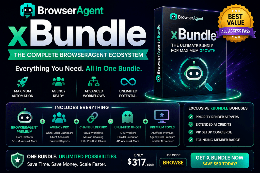 BrowserAgent xBundle promotional banner featuring the complete BrowserAgent ecosystem with AI browser automation, Agency Pro, ChainBuilder Pro, Unlimited Ghost, premium tools, exclusive bonuses, annual pricing, and all-in-one bundle access.